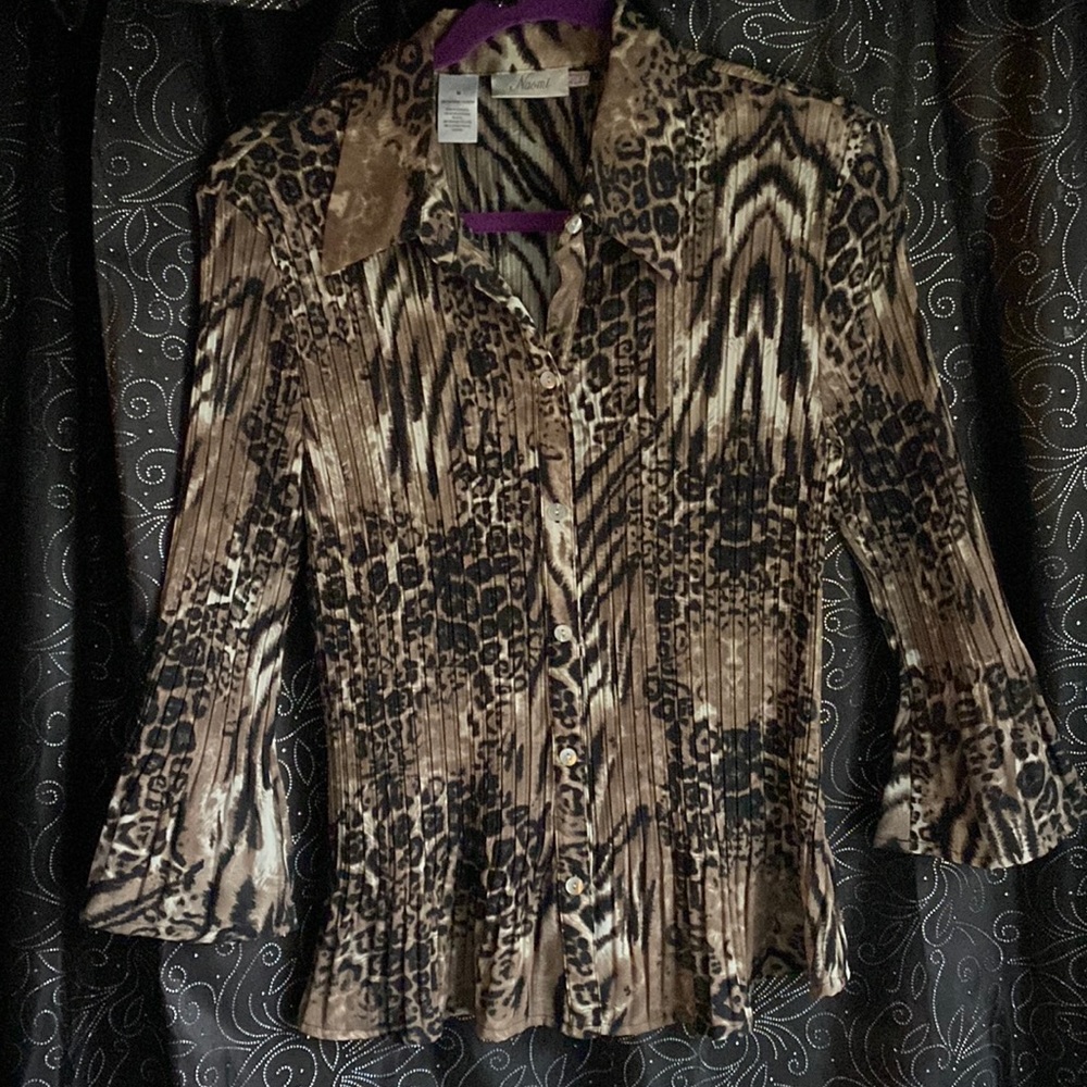 Naomi multi animal print three-quarter length, bell sleeve pleated blouse.